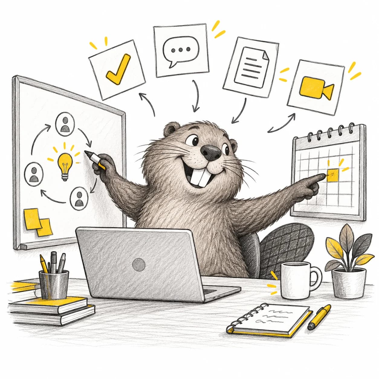 A pencil-drawn beaver linking a team whiteboard, tasks, notes, and calendar