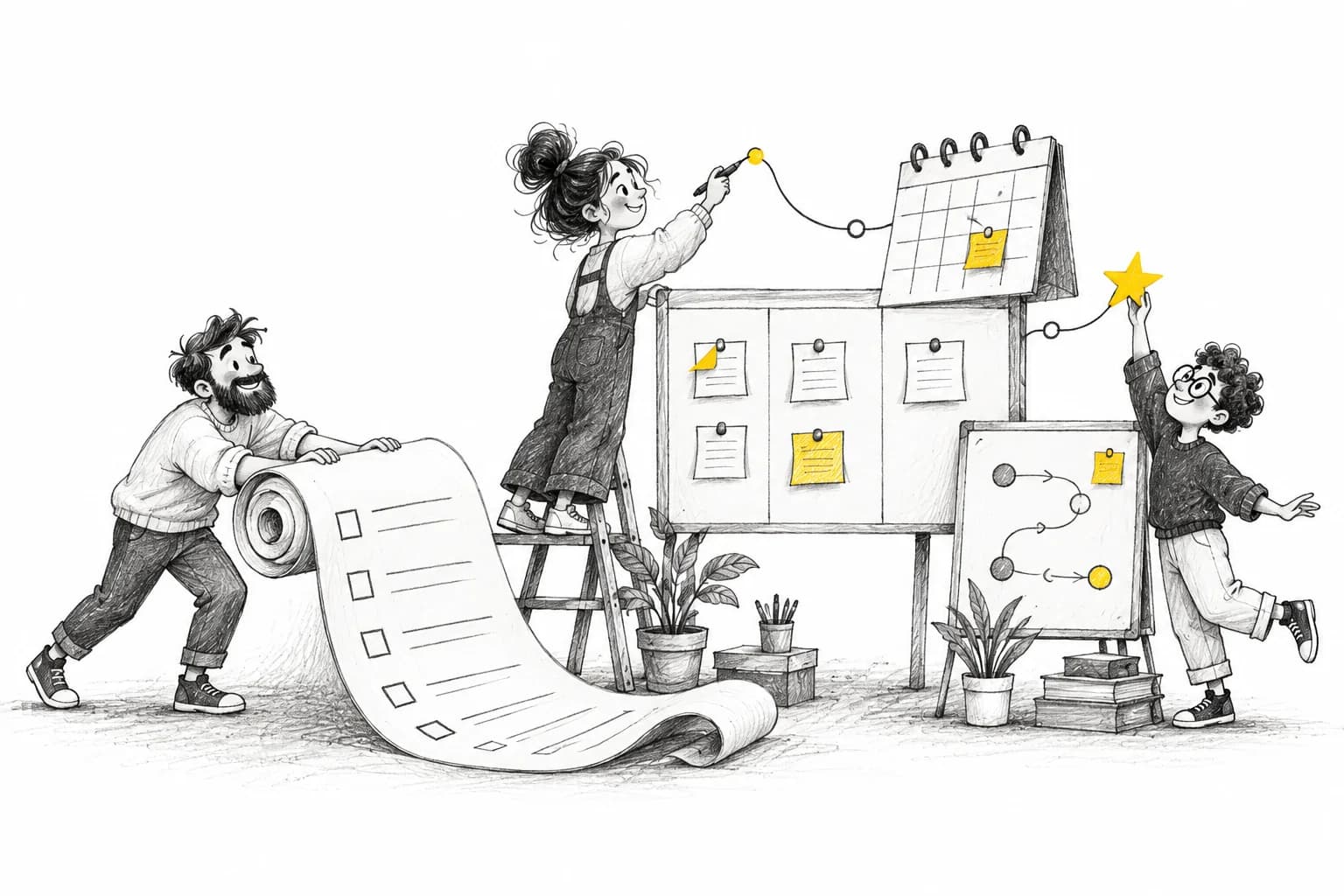 Three teammates sketching a shared board, calendar, and task list